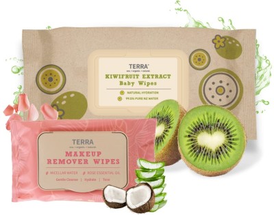 TERRA Baby Wipes, 70 Piece Kiwifruit & 24 Piece Rose Makeup Remover Wipes (Pack of 2)(94 Wipes)