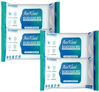ARO KLEEN Bed Bath Patient Wet Wipes Large Towels Enriched with Chlorhexidine & Aloe Vera(4 Wipes)