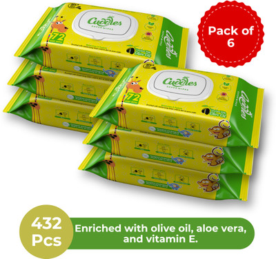 Cuddles SUPER WIPES with Lid - Enriched with Aloevera, Olive Oil and Vitamin E (Pack of 6)(432 Wipes)