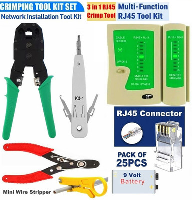 BALRAMA Combo Crimping Tool + Network LAN Cable Tester + RJ 45 Connectors Cable Plug Heads RJ45 RJ11 Cable Crimping Tool Kit Network LAN CCTV Camera Computer Wire Stripper Manual Crimper