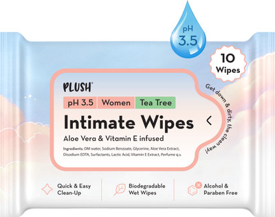 PLUSH Intimate Play Wipes for Women- Tea Tree Intimate Wipes(10 Sheets, Pack of 10)