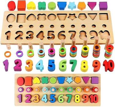 VIYUHK 3-in-1 Wooden Number Puzzle Montessori Toy - Shape Sorter, Counting Game,(1 Pieces)