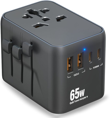 Aliens 65WGan 5 in 1 Universal Travel Adapter with 2X PD Type-C & 2X QC 3.0 USB-A Ports Worldwide Adaptor(Black)