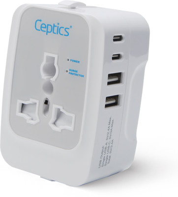 Ceptics 17W Universal Travel Adapter, All-in-One, 2 USB, 2 USB-C 3.4A Travel Charger Worldwide Adaptor(White)