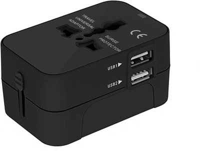 BTS Universal Travel Socket, International Adapter with Two USB Ports Worldwide Adaptor(Black)