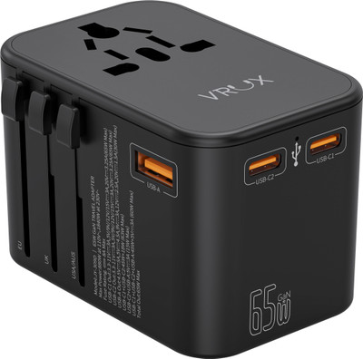 VRUX 65W Universal Travel Adapter: 4-in-1 with USB & Type-C Ports Worldwide Adaptor(Black)