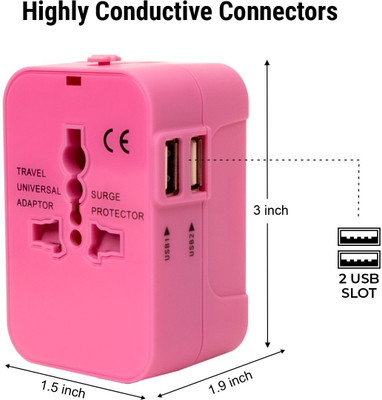 Jihaan Multi Plug & with Build in Dual USB Worldwide Adaptor(Pink)