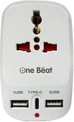 One Beat Compact All-in-One Adapter with USB Type-C, 2 Smart USB Ports I Universal Socket Worldwide Adaptor(White)