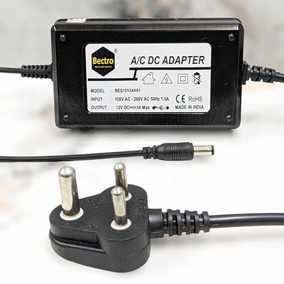bectro 12 Volt 3 Amps Table top Model with Inbuilt 3 Pin Power AC Cord Heavy Duty Worldwide Adaptor(Black)