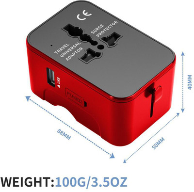 Jihaan 1 USB 2 Type C to USB International Travel Adapter Outlet USB Adaptor Worldwide Adaptor(Red, Black)