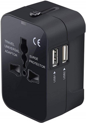 Jihaan 2USB Universal Travel Adapter with Built in Dual USB Charger Plug International Worldwide Adaptor(Black)