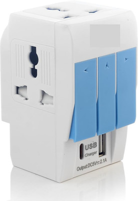 Akshita trading 3 Pin Multi Plug Universal Type A and Type C USB Charger Worldwide Adaptor(White)