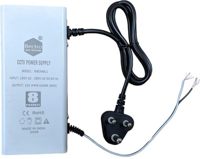 bectro CCTV Power Supply SMPS 8 Channel 12V 10 Amp Max. Metal Body Single Wire Output Worldwide Adaptor(White)