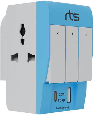 Jihaan USB Ports & Type-C PD 3 Pin Multi Plug Socket-Worldwide Individual Switch Safety Worldwide Adaptor(Blue)