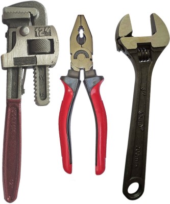 DUMDAAR new Hand tool set 1pc 8inch Adjustable Wrench 1pc 12inch Pipe Wrench 1pc 8inch Plier and Single Sided Pipe Wrench(Pack of 3)