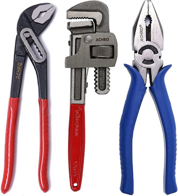 BALRAMA Pack of 3 Specialised Tool (Contains 10 Inch Water Pump Plier, 10 Inch Pipe Wrench, 8 Inch Combination Plier) Tool Kit Set for Home/Garage/Industry Single Sided Pipe Wrench(Pack of 1)