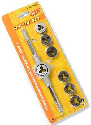PKT 8 Pcs Metric Die Set - Screw Die & Adjustable Wrench Holder with M3 -M12 Dies Threading and Rethreading Cutting External Thread Processing Tapping Single Sided Speciality(Pack of 1)