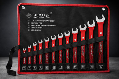 Padmakshi Combination Spanner Set-6mm To 22 mm ,12-Piece,Chrome Vanadium Steel 12-Piece,Chrome Vanadium Steel, with Rolling Pouch ,Red Color (With Bag) Double Sided Combination Wrench(Pack of 12)