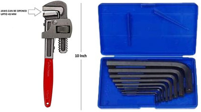 Exotic Arcade Combo of Pipe Wrench 10 Inch with 9 Pcs Allen Key Set( Elky - 1.5 - 10 MM) || Best Quality Heavy Duty Single Sided Pipe Wrench(Pack of 2)
