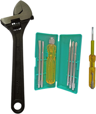 Inditrust Adjustable wrench 8inch 6pc Multi type screwdriver & Yellow Tester set Single Sided T Type Wrench(Pack of 3)