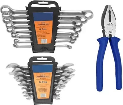 One Stop Shop Tool Kit 17 Pc-Ring Spanner 8 pc, Double Open End Spanner 8 pc Set, and Plier Heavy Duty Best Quality Double Sided Combination Wrench(Pack of 17)
