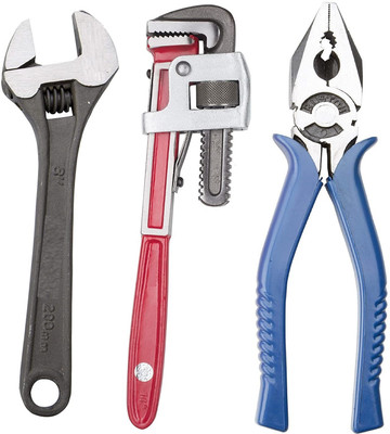 BALRAMA 3pc Combo Tool Pipe Wrench 10 inch + Adjustable 8 inch + Water Pump Plier Pack of 3 Tool Kits Set for Home Single Sided Pipe Wrench(Pack of 1)