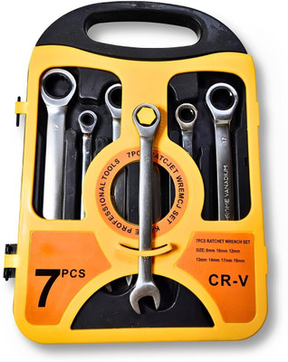 ZIODIC Heavy Duty Ratchet Wrench Set,7-Piece,8-19 mm,Chrome Vanadium Box and Open End(7pcs Dual Head Ratchet Wrench FIX) Single Sided Speed Wrench(Pack of 7)