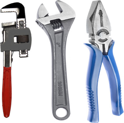 WallVilla Pack of 3 Combo Hand Tools Set (Contains 8 in Adjustable Spanner, 8 in Combination Plier, 10in Pipe Wrench) Single Sided Combination Wrench(Pack of 3)