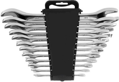 QXORE Double Open-Ended Spanner Set, 12-Piece, Chrome-Plated Steel with Storage Rack 12 in 1 Carbon Steel Double Open-Ended Open Jaw Spanner Double Sided Open End Wrench(Pack of 12)