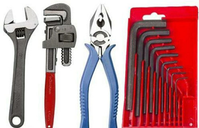 WhiteArcade 8inch Adjustable Wrench 10inch Pipe Wrench 8inch Plier and Allen key set Combo of Wrench plier and Allen key set Double Sided Pipe Wrench(Pack of 4)