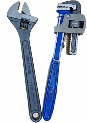 WallVilla Plumber Tool Combo 14inch Pipe Wrench & 12inch Adjustable Wrench Plumber Tool Heavy Duty Single Sided Combination Wrench(Pack of 2)