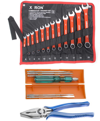 XRON Professional Tool Kit of 12 Pcs Spanner Set, 7 Pieces Screw Driver kit & 1 Plier- Double Sided Combination Wrench(Pack of 19)