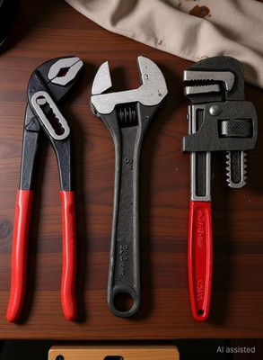 WhiteArcade Set Of 3 Plumbing Tools(10" Water Pumplier, 10" PipeWrench, 8" AdjustableWrench) || Heavy Duty Hand Tool Kit || Single Sided Pipe Wrench(Pack of 3)