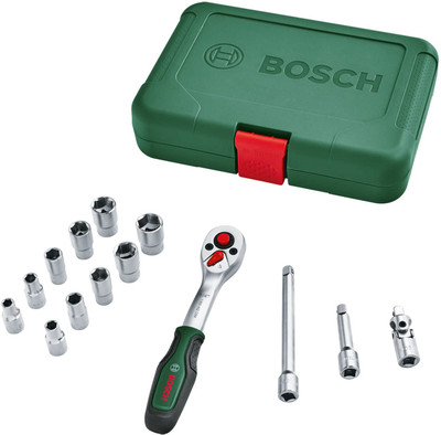 BOSCH 14 Pc 1/4 Inch Drive Socket Set - Ergonomic Soft Grip Handle Magnetic Bit Holder and Sturdy Chrome Vanadium Steel for Versatile DIY Use Single Sided Rachet Wrench(Pack of 14)