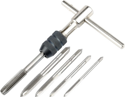 uptodateprouducts Ratchet T-Handle Tap Holder Wrench with 5Pcs Metric M3 M4 M5 M6 M8 Machine Screw Taps Set T Type Thread Tapping Tool Single Sided T Type Wrench(Pack of 1)
