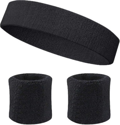 TRICONE Headband and Pair of Wristband (Black) Sport Sweat Band Men & Women(Black, Pack of 3)