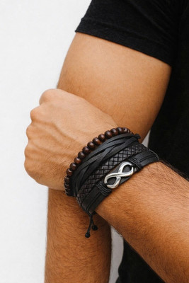Rajwanti Collection Leather Bracelet for Men, Leather Wristband Men, Boys Fashion Bracelet Black Men(Black, Pack of 1)