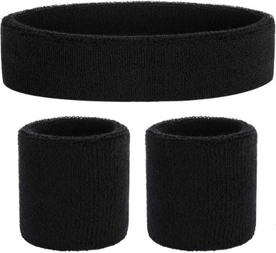 v n traders Head Band & Wrist Band Combo for Gym Workout & All Sports Unisex ( Pack of 2) Men & Women(Black, Pack of 3)