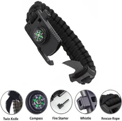 ZVR Flint Fire Starter Whistle & Knife Paracord Survival Bracelet Black With Compass Flint Fire Starter Striker Included