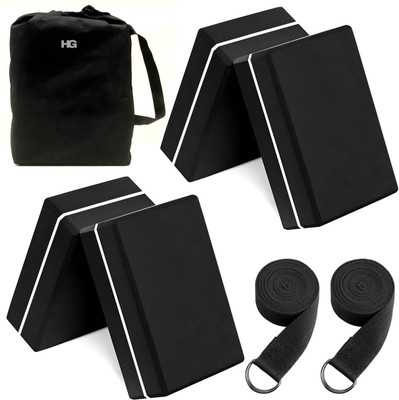 HOMEGALLEY Yoga Blocks Set of 4 with 2 Belt for Exercise EVA Foam Blocks for Pilates Bricks Yoga Blocks(Black Pack of 4)