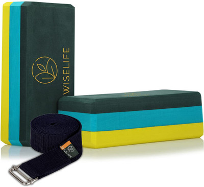 Wiselife Pro Yoga Block | Yoga Brick+Yoga Belt , Combo,TPE Yoga Blocks(Green, Blue, Yellow Pack of 2)