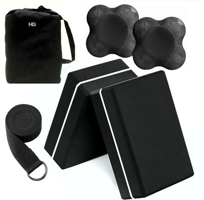 HOMEGALLEY Yoga Blocks Pack of 2 with Belt and 2 Yoga Knee Pad for Exercise Bricks Yoga Blocks(Black Pack of 2)