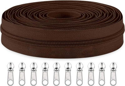 ZipPro Zipper Roll (Number : 5) 5 Meter Brown with 10 Zip Puller Brown Nylon Two Way Open-ended Zipper