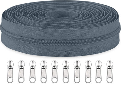 ZipPro Zipper Roll (Number : 5) 5 Meter Grey with 10 Zip Puller Grey Nylon Two Way Open-ended Zipper
