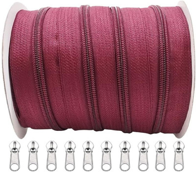 VishwaGlobal Zipper Roll (Number : 5) 5 Meter Maroon with 10 Zip Puller Maroon Nylon Two Way Open-ended Zipper