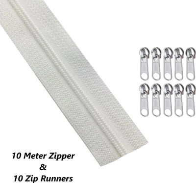 Ghar Sajaawat 10 Meter White Nylon Zipper Size 1 Inch / 25 MM with 10 Zip Pulls Runners White Nylon Two Way Open-ended Zipper