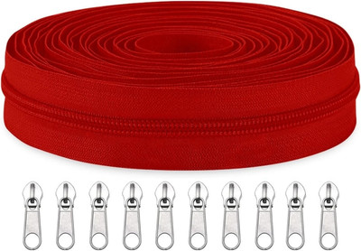 ZipPro Zipper Roll (Number : 5) 5 Meter Red with 10 Zip Puller Red Nylon Two Way Open-ended Zipper