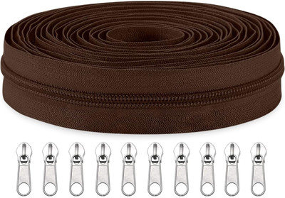 VishwaGlobal Zipper Roll (Number : 5) 10 Meter Brown with 10 Zip Puller Brown Nylon Two Way Open-ended Zipper