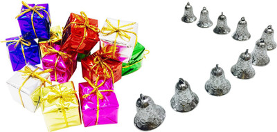 

Priyankish 12 Small Multi Gift Box & 10 Silver Bells Combo Hanging Ornaments Pack of 22