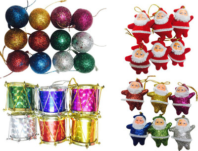 

Priyankish 12 Glitter Balls,6 Multi Drums, 6 Red Santa & 6 Multi santa Combo Hanging Ornaments Pack of 30